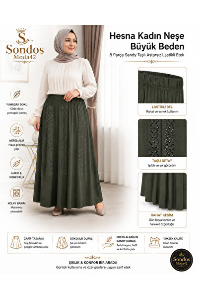 Sondos Moda42 Hesna Women's Neşe Large Size 8-Piece Sandy Skirt, Stone Detail...