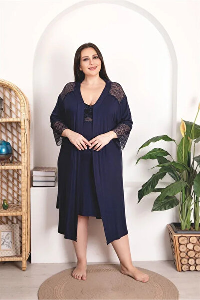 SS HOME CONCEPT Plus size navy blue lace embroidered 2-piece nightgown and ro...