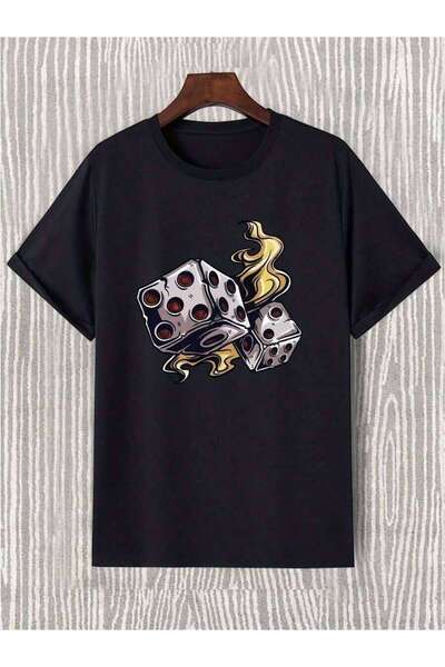 25W Men's Casual Dice Graphic Print T-Shirt, Round Neck Tee For Summer