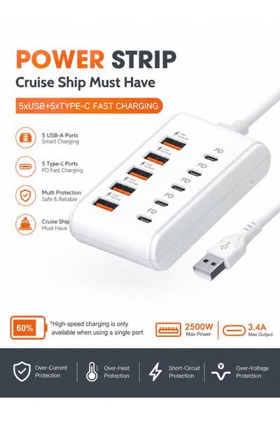 Generic محطة شحن USB بـ 10 منافذ مع 5 منافذ USB-A و5 منافذ USB-C للشحن السريع...
