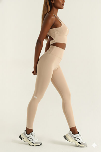 strivex Yoga Pilates Fitness Firming Beige Sports Crop Leggings Set with Ches...