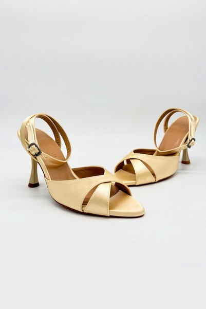 LORENN SHOES Linda Cream Satin Ankle Belt Detailed Cross-Strapped Women's Thin Heeled Shoes