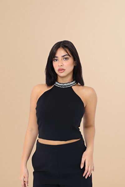 2TRENDY Women's Black Halter Neck Pearl Decorated Crop Blouse