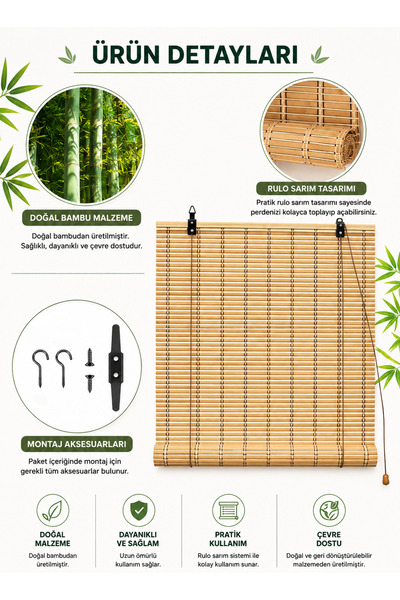 TEKZEN Ahşap Doğal Bambu Katlamalı Stor Perde Güneş Kırıcı Dekoratif Bahçe Balkon Ev Pencere Güneşlik