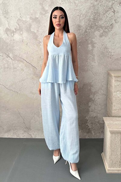 Moda Days Set de damă albastru, cu guler halter, cu textură flam și detaliu d...