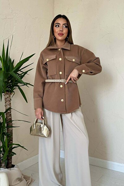 Moda Days Women's Camel Textured Woven Shirt with Gold Buttons and Flap Pocke...