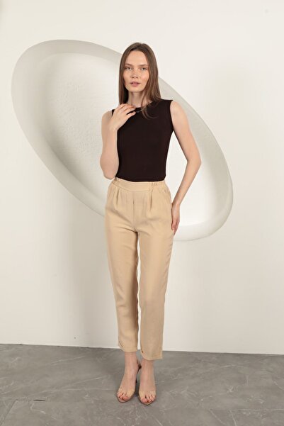 Moda Days Women's Beige Trousers Modal Fabric High Waist Elastic Waist Double...