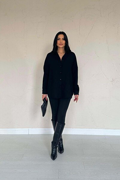 Clothes Fast Women's Black Oversize Shirt Long Sleeve Buttoned Shirt Collar