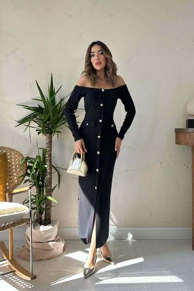 Clothes Fast فستان تريكو طويل أسود للنساء بياقة قاربية وأزرار ذهبية وجيوب وفت...