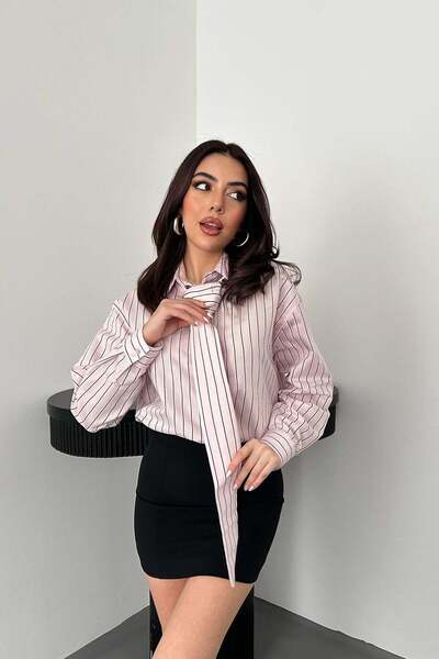 Moda Days Women's Pink Shirt Halter Neck Striped Long Sleeve Buttoned Woven