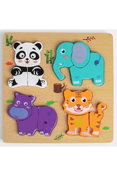 OEM Puzzle din lemn cu animale, 4 piese, 19x19cm - Panda, Elefant, Hipopotam ...