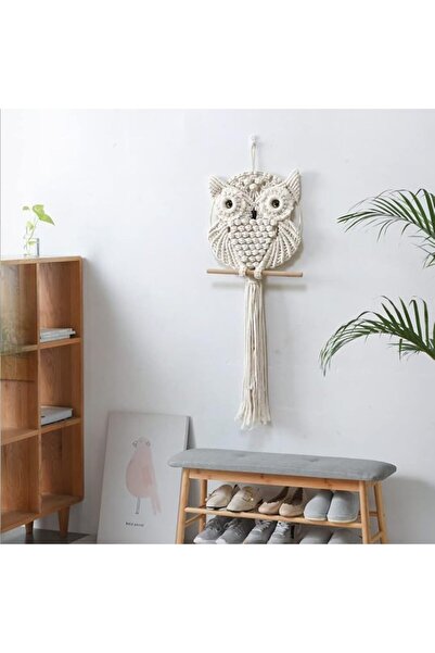 GENERAL Beige Small Owl Macrame Wall Hanging, Hand-Woven Boho Tapestry, Bohem...