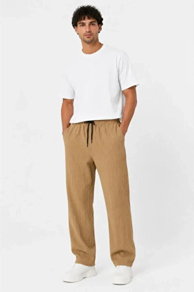 Beruflic Men's Wrinkled Fabric Relaxed Fit Elastic Lace-Up Pocket Trousers