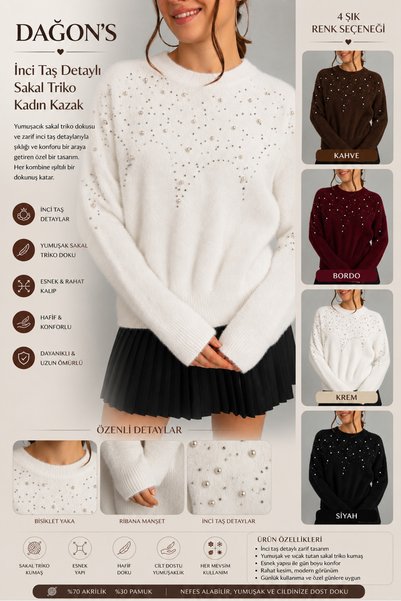 dağons Pearl Stone Detailed Beard Knitwear Women's Sweater