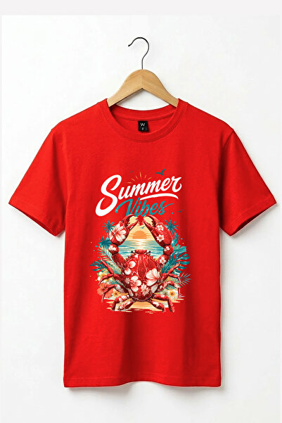 The Baski تي شيرت Summer Vibes مطبوع عليه سرطان البحر، مصنوع من القطن بنسبة 1...