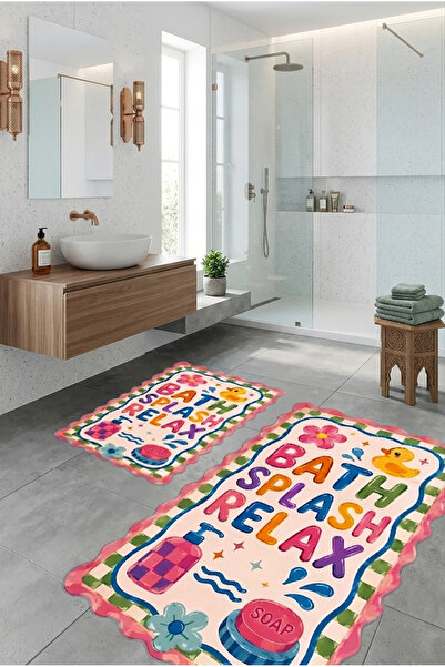 eco concept Renkli Desenli Dijital Baskılı Renkli İkili Banyo Paspası Banyo P...