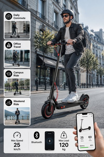 Ummelia Premium 8 Max 500W Foldable Electric Scooter| 36V 12Ah Lithium Battery| 25 km/h Max Speed| 40-60 km Range| Bluetooth| 8.5” Tyres| Disc Brake| Max Load 120kg| Adult Electric Scooter