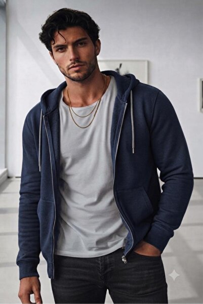 CAST COLLECTİON Men's Navy Blue Oversize Zippered Jacket