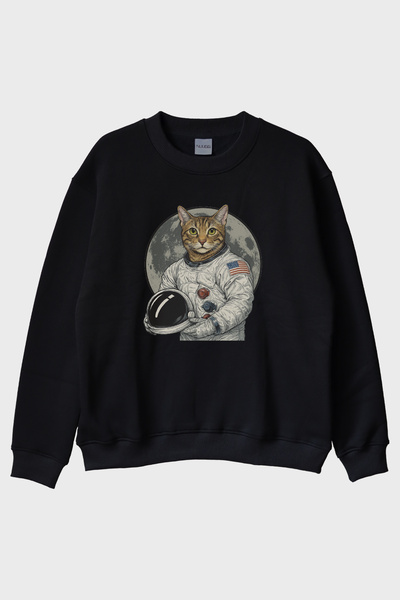 lofux Astronaut Cat Black Crew Neck Sweatshirt