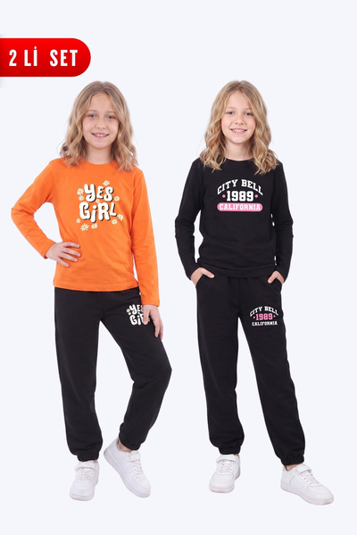 FYK KİDS Girl's 2-Piece Printed Long Sleeve Single Jersey Tracksuit Set