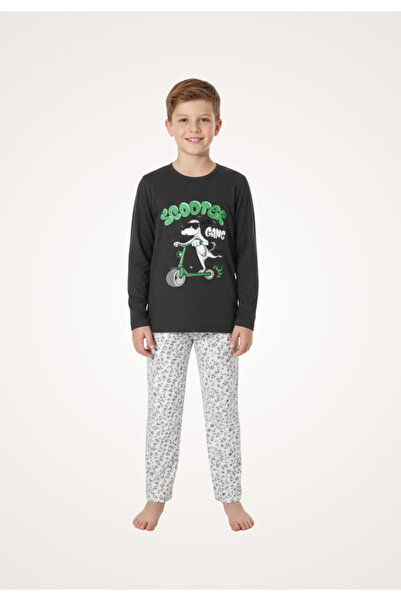 Serena Boys' long-sleeved pajamas with long pants, Scooter print, black