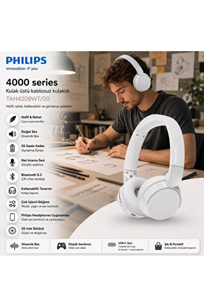 Philips 4000 series Kulak üstü kablosuz kulaklık TAH4209WT/00