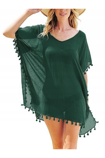 SNM Tunica De Plaja Stil Boho Ciucuri Universal Verde Sifon Usor Croi Oversiz...