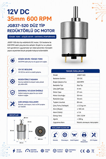 RobotikDepo 12V 35mm 600 RPM JGB37-520 Düz Tip Redüktörlü DC Motor