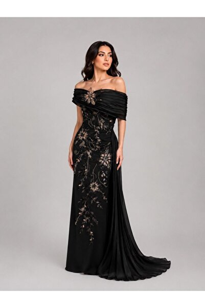 ranin Black Evening Dress with Barbie Collar, Beaded Embroidery, Double Gazar...