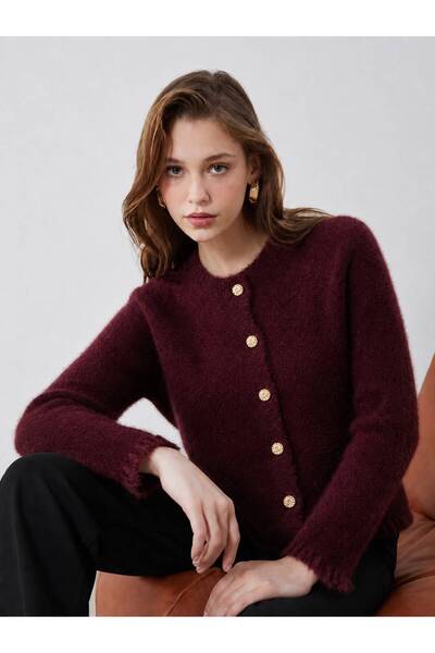 dağons Gold Buttoned Ruffled Women's Knitwear Beard Cardigan