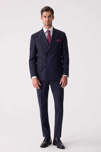 Ysf Erkek Lacivert Çizgili Slim Fit Kruvaze Takım Elbise