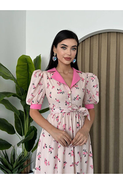 Moda Days فستان نسائي متوسط الطول بياقة متباينة وحزام وأكمام بالون وردي اللون...
