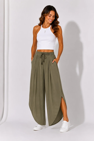 bysoca Women's Khaki Linen Slit Double Breasted Bohemian Pinterest Wide Leg S...