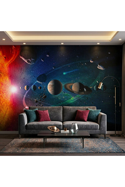 DecorDrive Kızıl Galaksi ve Gezegenler Manzaralı Uzay Duvar Kağıdı