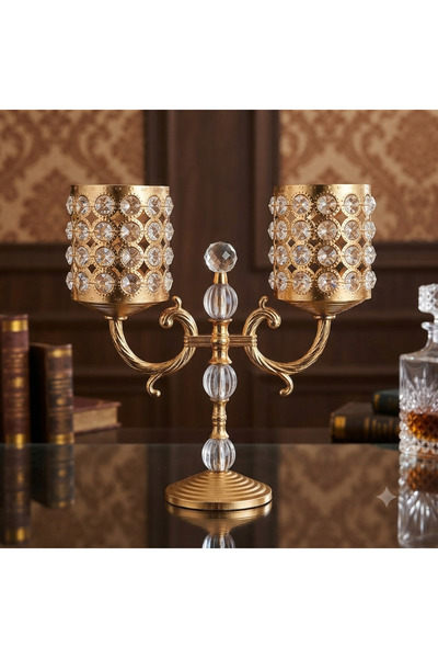 HİLALKRİSTAL KRİSTAL TAŞLI -KOLLU -2 Lİ LÜKS ŞAMDAN -GOLD GÜMÜŞ