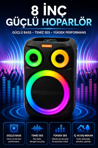 Omaze Bluetooth Hoparlör Karaoke Kablosuz Mikrofonlu 8 İnç Taşınabilir RGB Işıklı Şarjlı USB FM Radyo
