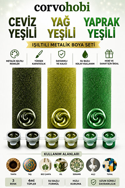corvo hobi Akrilik Boya 3ml, Metalik Akrilik boya Renk (6'lı Şerit) Obje, Taş...
