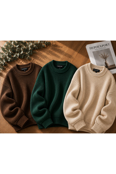 oneoff Women's Premium Oversize Knitwear Sweater Set of 3 Black Beige Emerald...