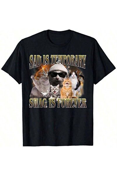 2BIR تي شيرت رجالي بتصميم قطة مضحكة وشعار "Sad Temporary Swag Is Forever Meme...