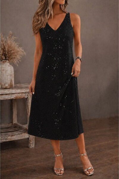 Feylace Women's Strappy V-Neck Sequined Midi Dress
