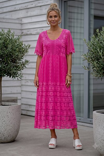 Chiccy Ιταλικό Candy Pink Φόρεμα με Γιακά Πισίνας, Κοντό Μανίκι, με Φόδρα και...