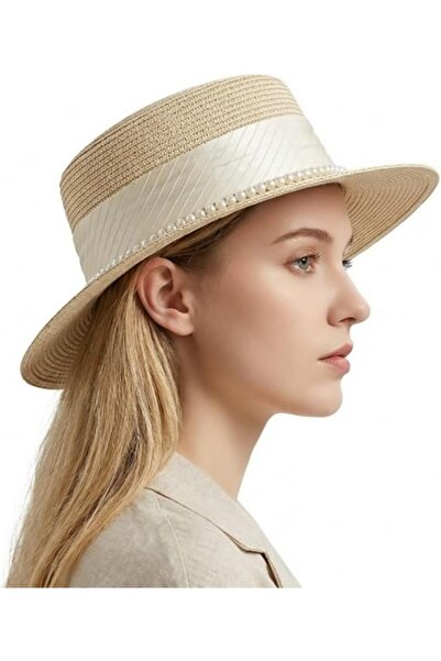 STARSTAR Womens straw sun hat, wide - brimmed, flat - topped, with pearl embe...