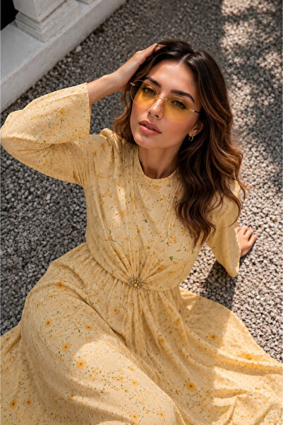 Moda Algan Broşlu Çiçek Desenli Şifon Elbise MA10007 Sarı