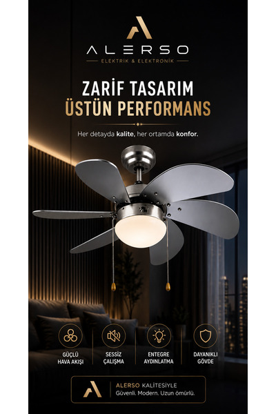 Alerso 6 KANATLI GÜMÜŞ RENK DEKORATİF TAVAN VANTİLATÖRÜ 60w Kcf282