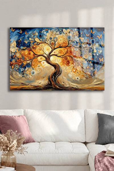 TAULART Unbreakable Glass Painting Abstract Tree of Life Gold Blue Orange Mod...