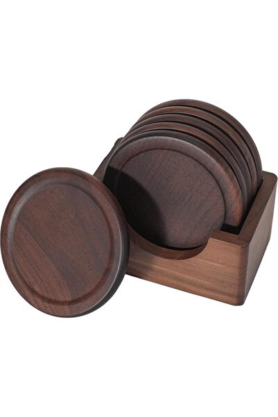 STARSTAR 5 Wooden Coasters - Coaster Set - With Base - Walnut Wood - Dark Bro...