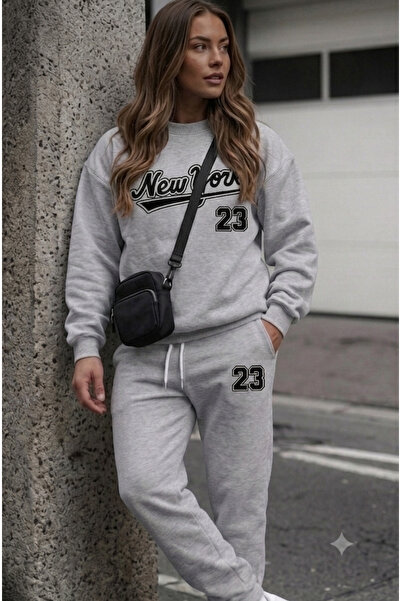 WOODROFFE Unisex 23 New York Printed Crew Neck Sweatshirt Set Oversize (Lover...