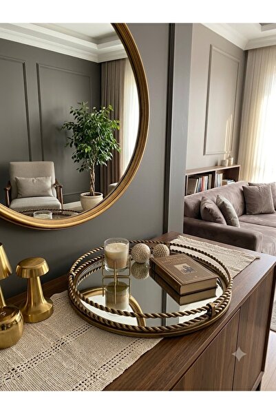 mysecrethome Yuvarlak Eskitme Pirinç Burgu Çerçeveli Aynalı Sunum Tepsisi