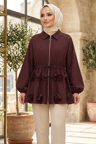 TOFİSA Simli Önü Papatya Detaylı Ceket Bordo - 28774-BORDO