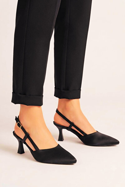 mihra home Olivia Women's Black Plain Satin Open Back 7 cm Heeled Shoes Mhr5304